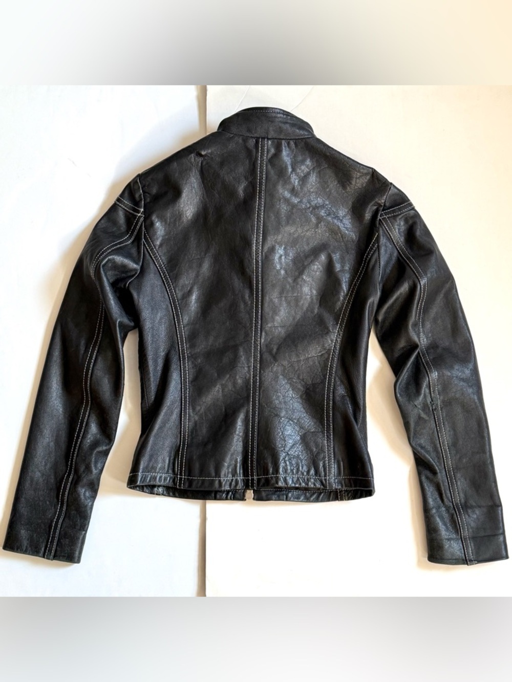 CARLO Moto Small Label EU Size 42 Jacket Black Leather White Stitching Juniors - Picture 7 of 16